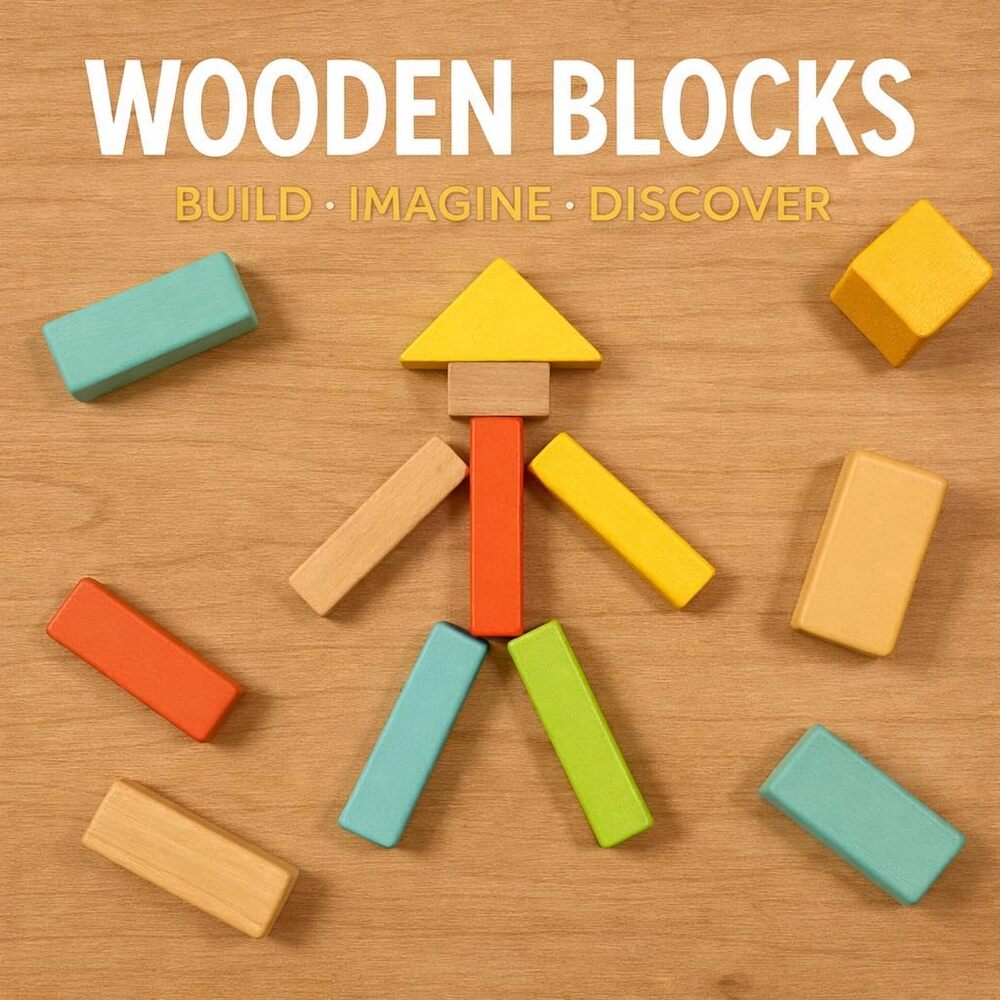 100-Piece Wood Building Blocks Set, Heavy Duty Shape-Sorter Lid & Bucket, Pastel - Picture 4 of 6